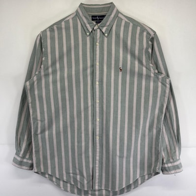 古着 90's/90年代 ラルフローレン RALPH LAUREN 長袖シャツ ストライプ柄 YARMOUTH ワンポイントロゴ 16 グリーン系 メンズ