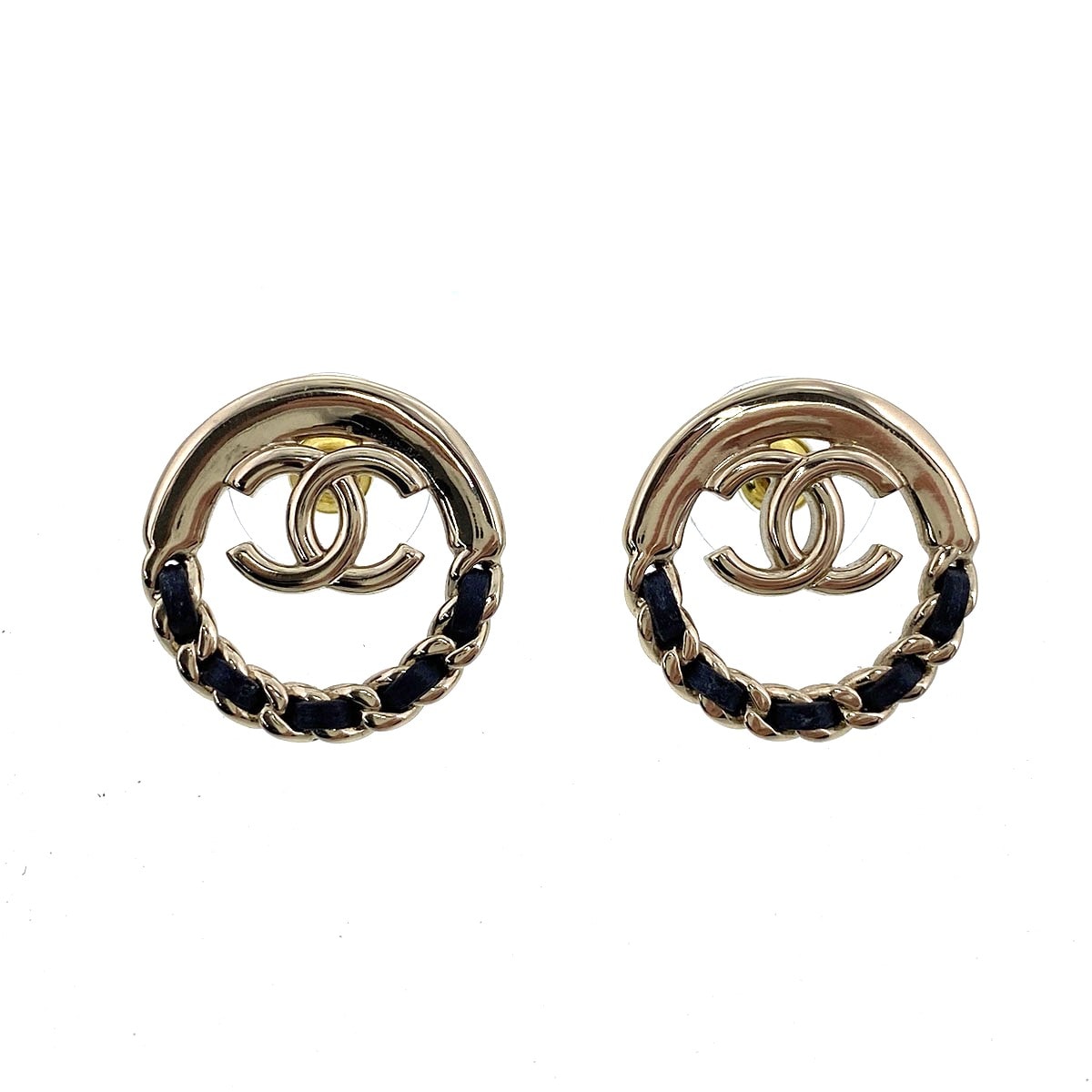 CHANEL シャネル ココマーク ラウンド ピアス AB7845 B24 メタル レザー ゴールド ブラック【中古】