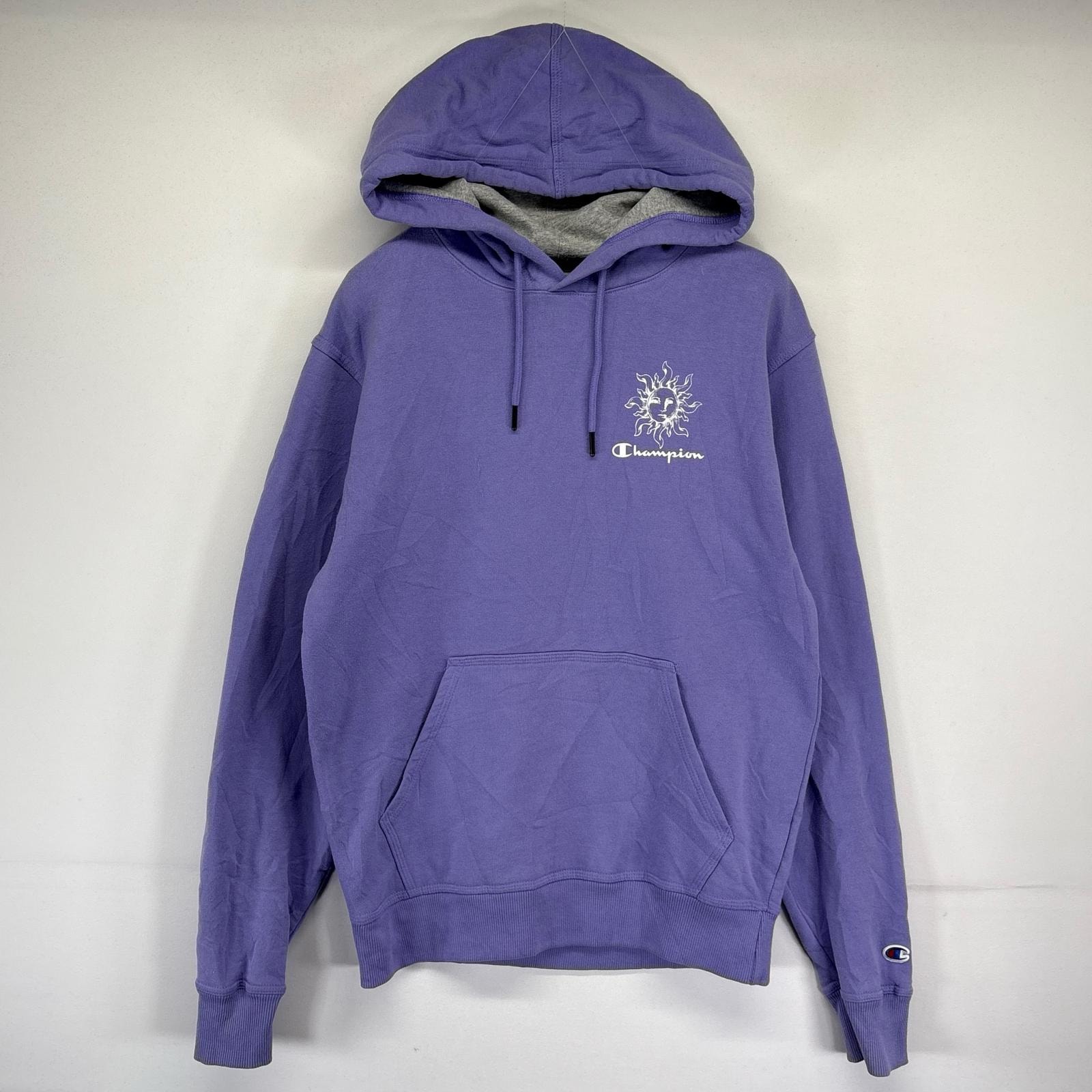 古着 チャンピオン Champion パーカー スウェット プリントデザイン SUN ワッペン プルオーバー フーディ S  パープル系 メンズ