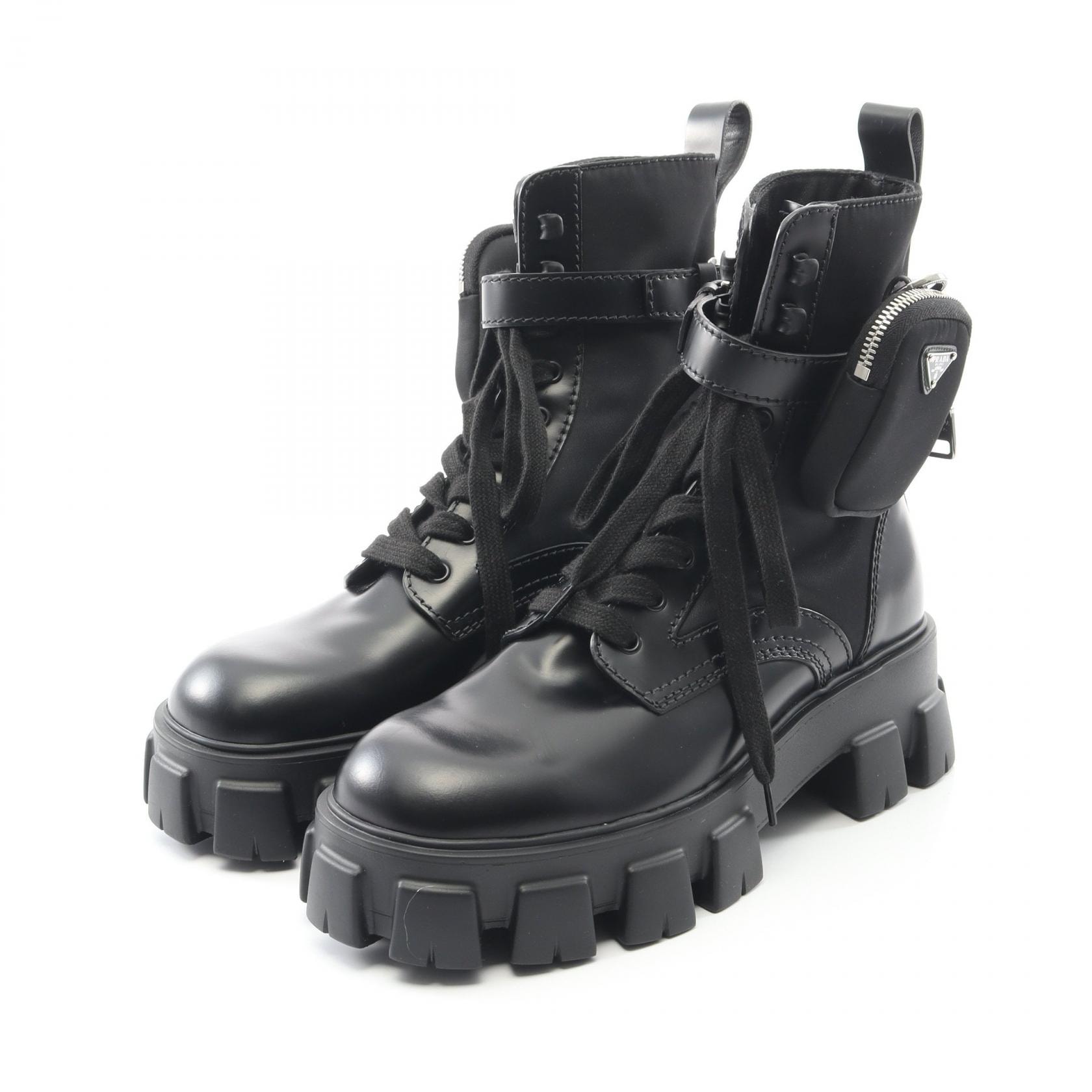 プラダ PRADA Re-Nylon モノリス ブーツ 靴 ナイロン レザー メンズ ブラック系 【中古】