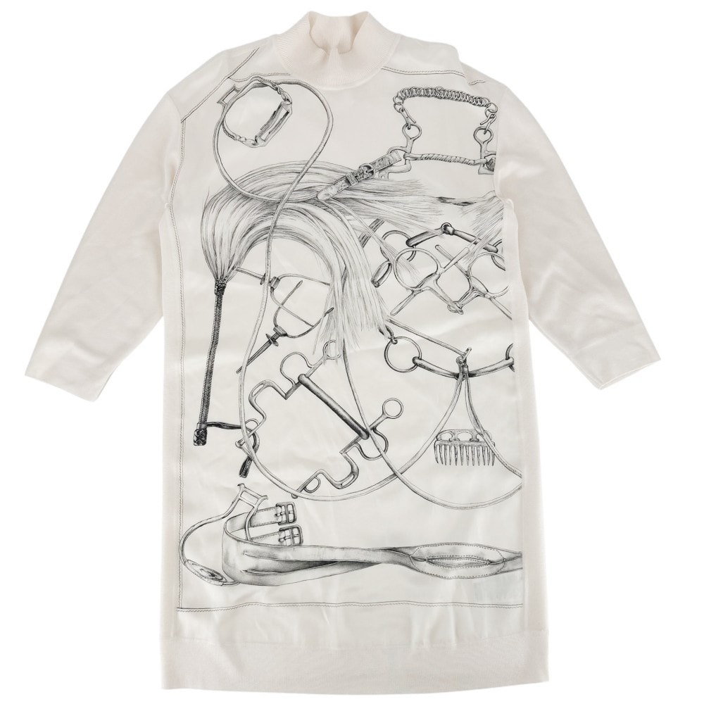 HERMES エルメス ワンピース ツイルレーヌ ETRIERS 七分丈 アパレル ニット切り替え 服 40 アイボリー シルク シルク カシミヤ ナイロン レディース 春 秋【中古品】