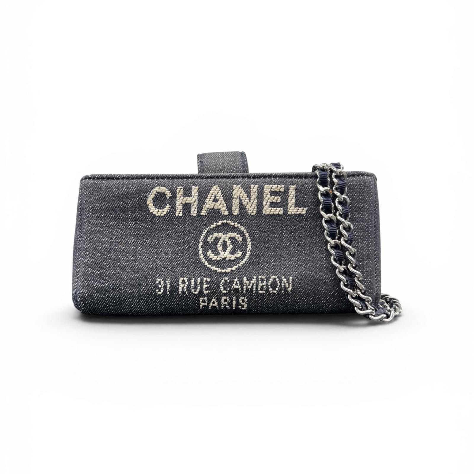 CHANEL 希少 美品 シャネル ドーヴィル デニム チェーンショルダーバッグ 16年クルーズ 21番台シリアル ネイビー シルバー金具 ポシェット ロゴ ABランク 中古 鑑定済 シャネルバッグ