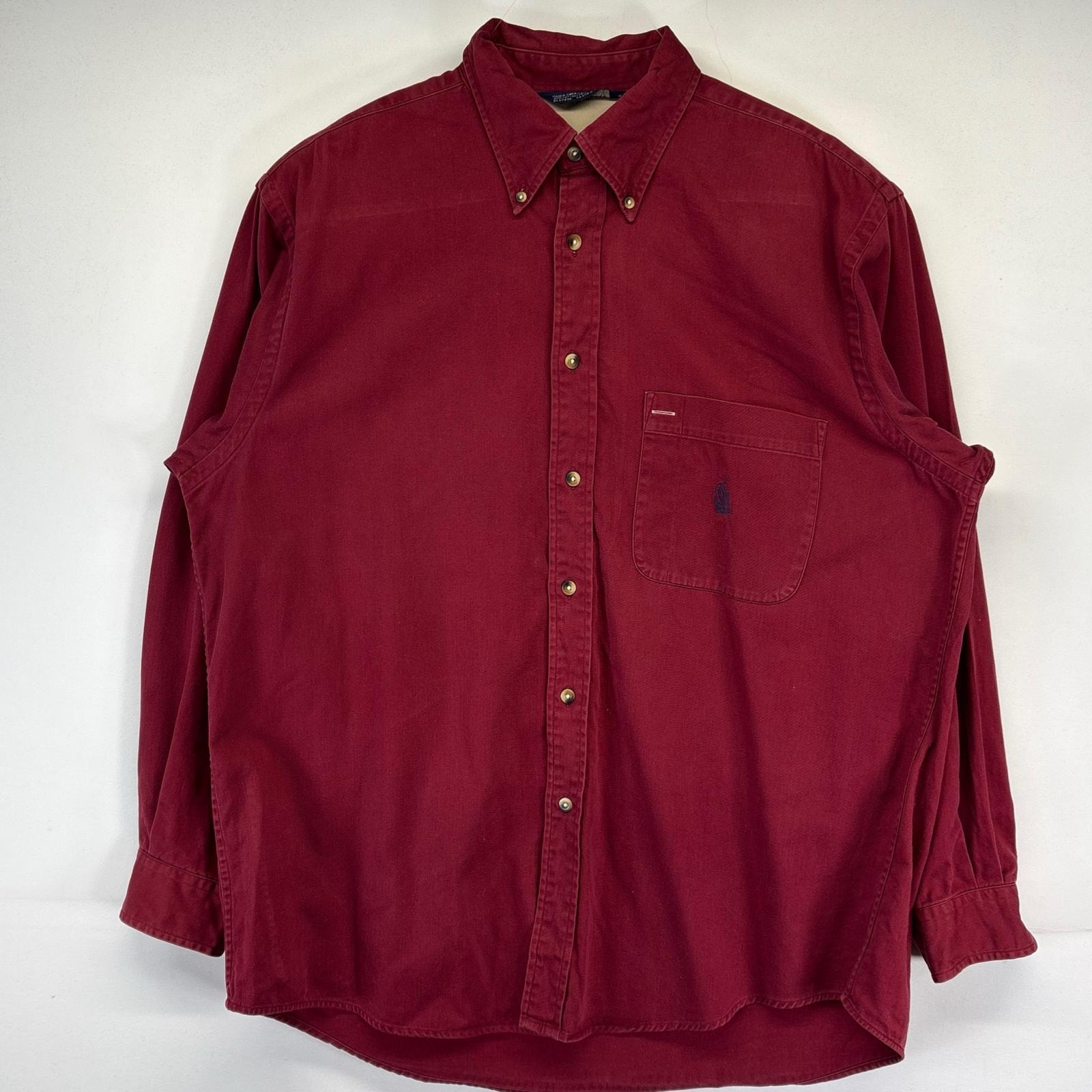 古着 90's/90年代 ノーティカ NAUTICA 長袖シャツ 無地 ワンポイントロゴ 胸ポケット ボタンダウンシャツ L レッド メンズ