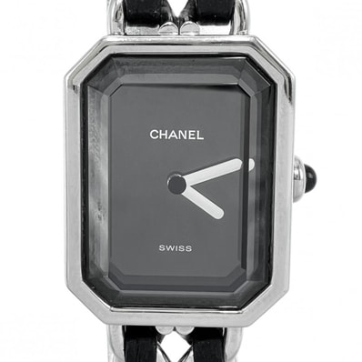 CHANEL シャネル 腕時計 プルミエールL ウォッチ 電池式 黒文字盤 SS QZ クオーツ ステンレススチール レザー シルバー ブラック 黒 レディース【中古品】