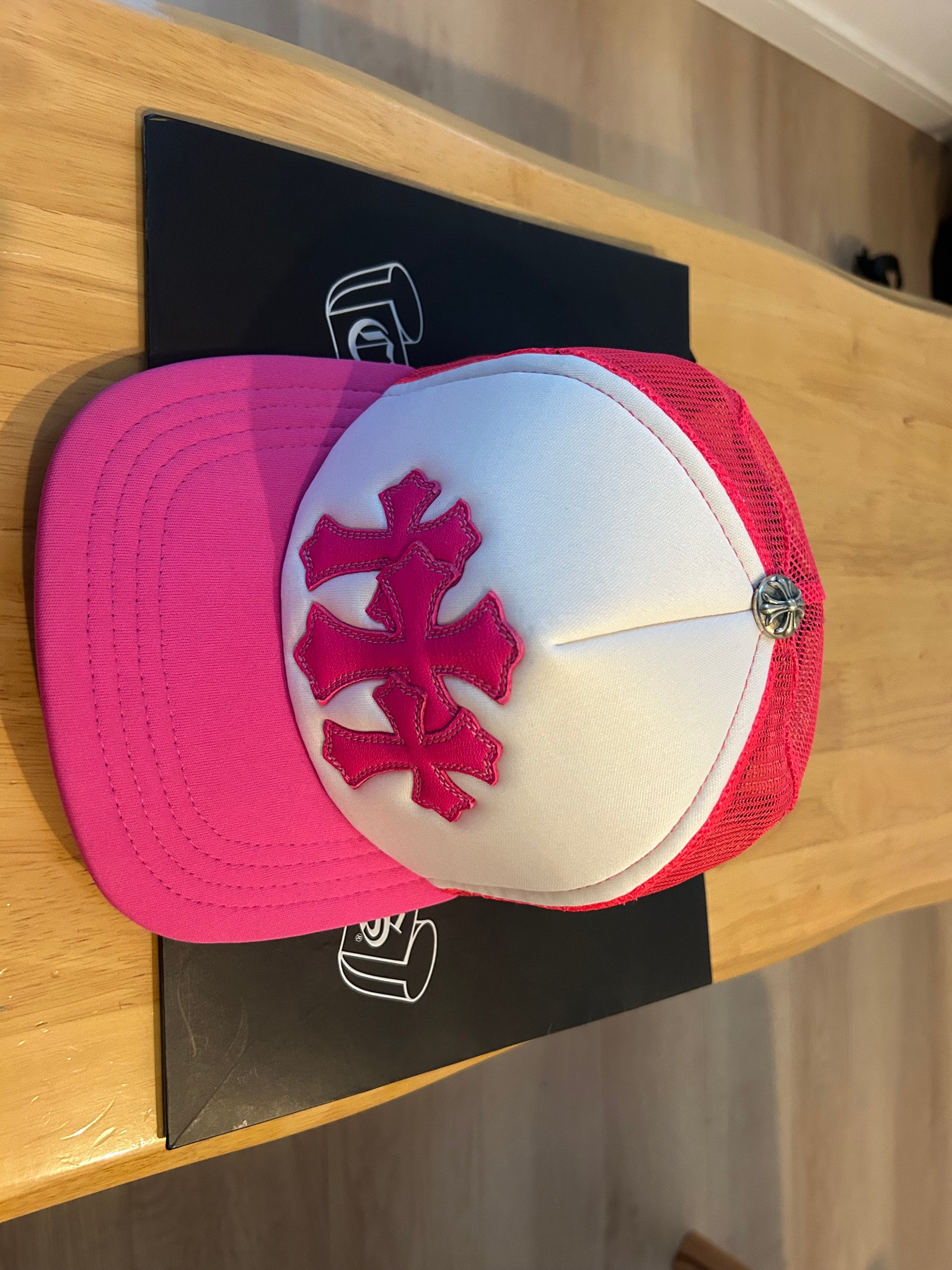 Chrome Hearts 3 Cemetery Cross Patch Trucker Hat "Pink"