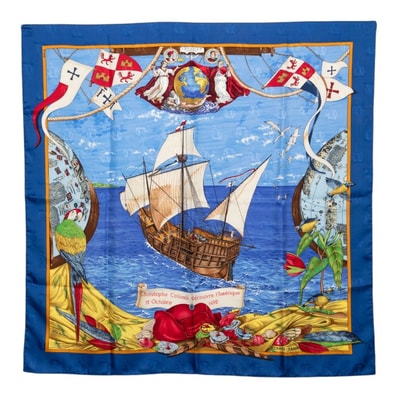 エルメス カレ90 Christophe Colomb decouvre 1 Amerique 12 Octobre 1492 コロンブス アメリカ大陸発見 スカーフ 大判 ブルー系 マルチカラー シルク レディース HERMES 【中古】