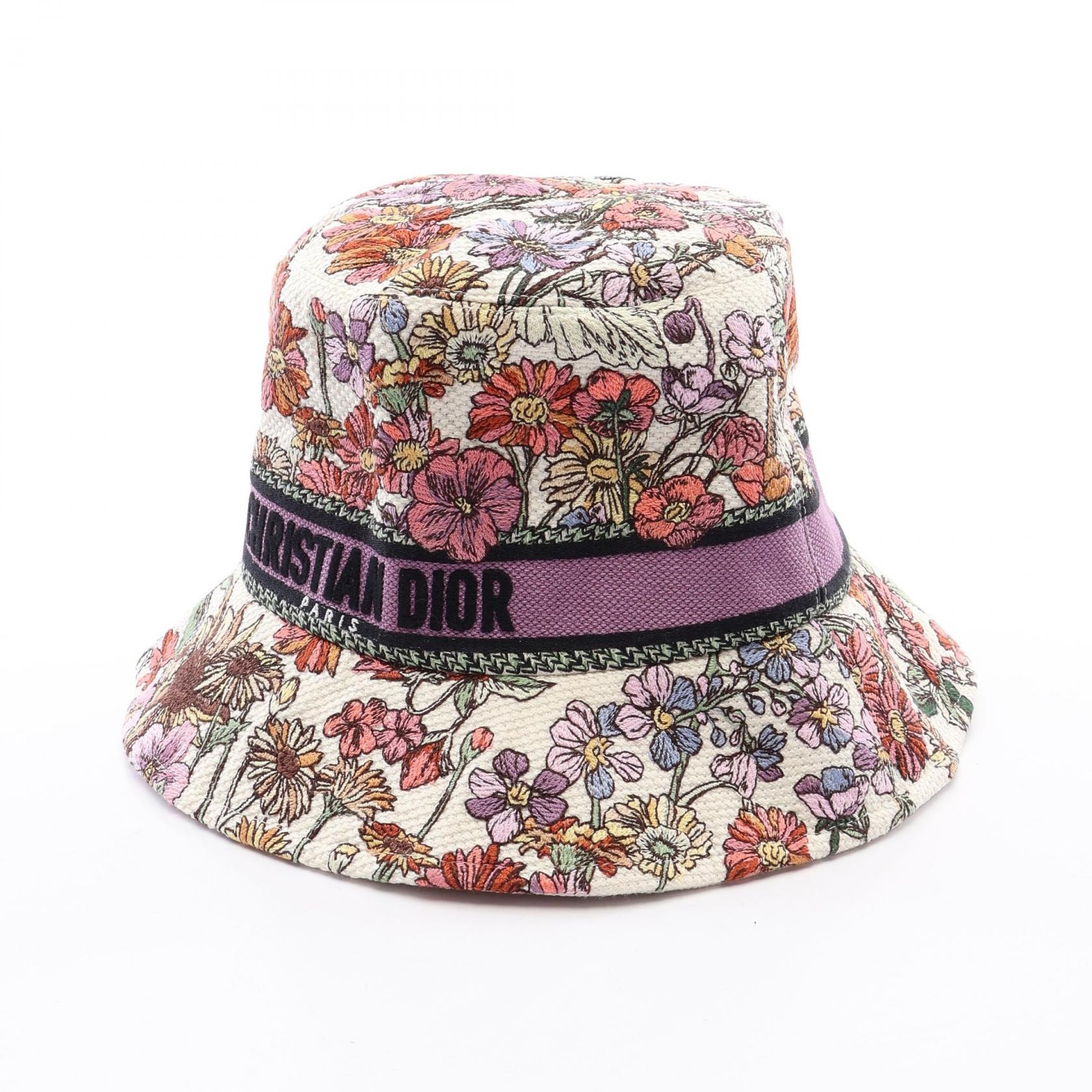 ディオール Dior D-Bobby フラワー刺繍 バケット ハット 帽子 コットン レディース ホワイト系 / パープル系 / マルチカラー 【中古】