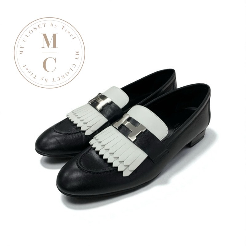 エルメス HERMES ロワイヤル ローファー 革靴 靴 シューズ レザー ブラック ホワイト 黒 H金具 フリンジ モカシン フラットシューズ