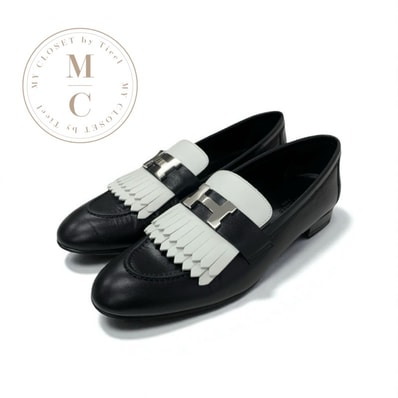 エルメス HERMES ロワイヤル ローファー 革靴 靴 シューズ レザー ブラック ホワイト 黒 H金具 フリンジ モカシン フラットシューズ