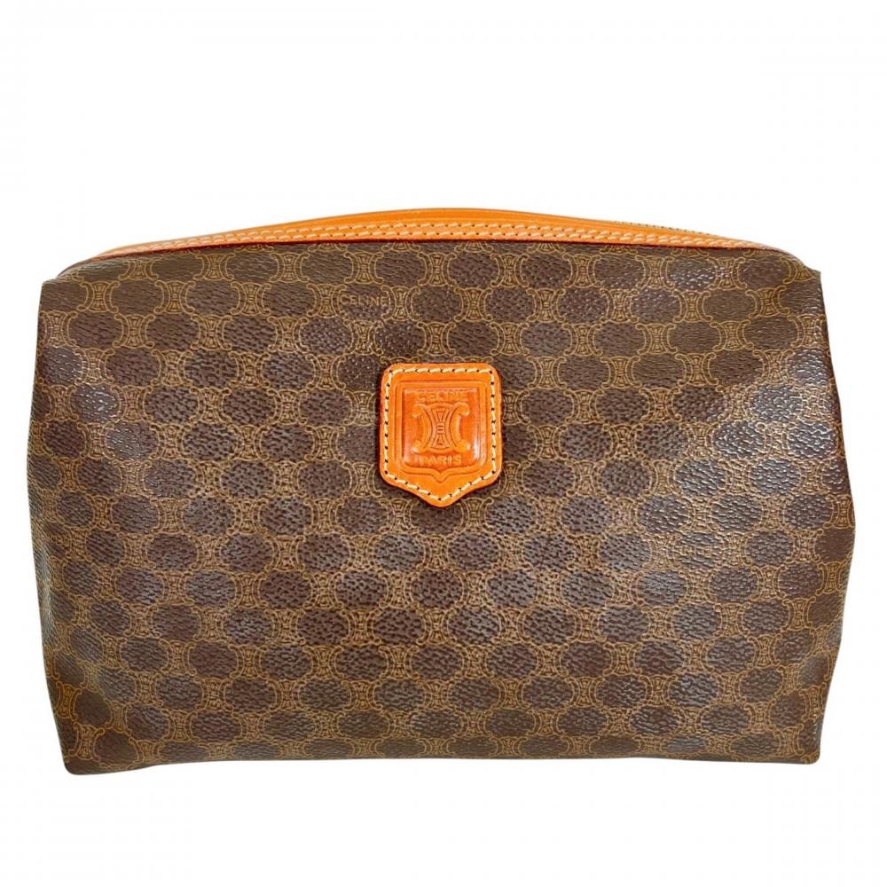 CELINE セリーヌ ポーチ マカダム ロゴ入り PVCコーティングキャンバス  カーフ   ブラウン 茶 ゴールド金具 レディース【中古品】