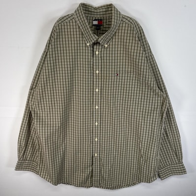古着 90's/90年代 トミーヒルフィガー TOMMY HILFIGER 長袖シャツ チェック柄 ロゴ 刺繍 大きいサイズ 14041 グリーン系 マルチカラー メンズ