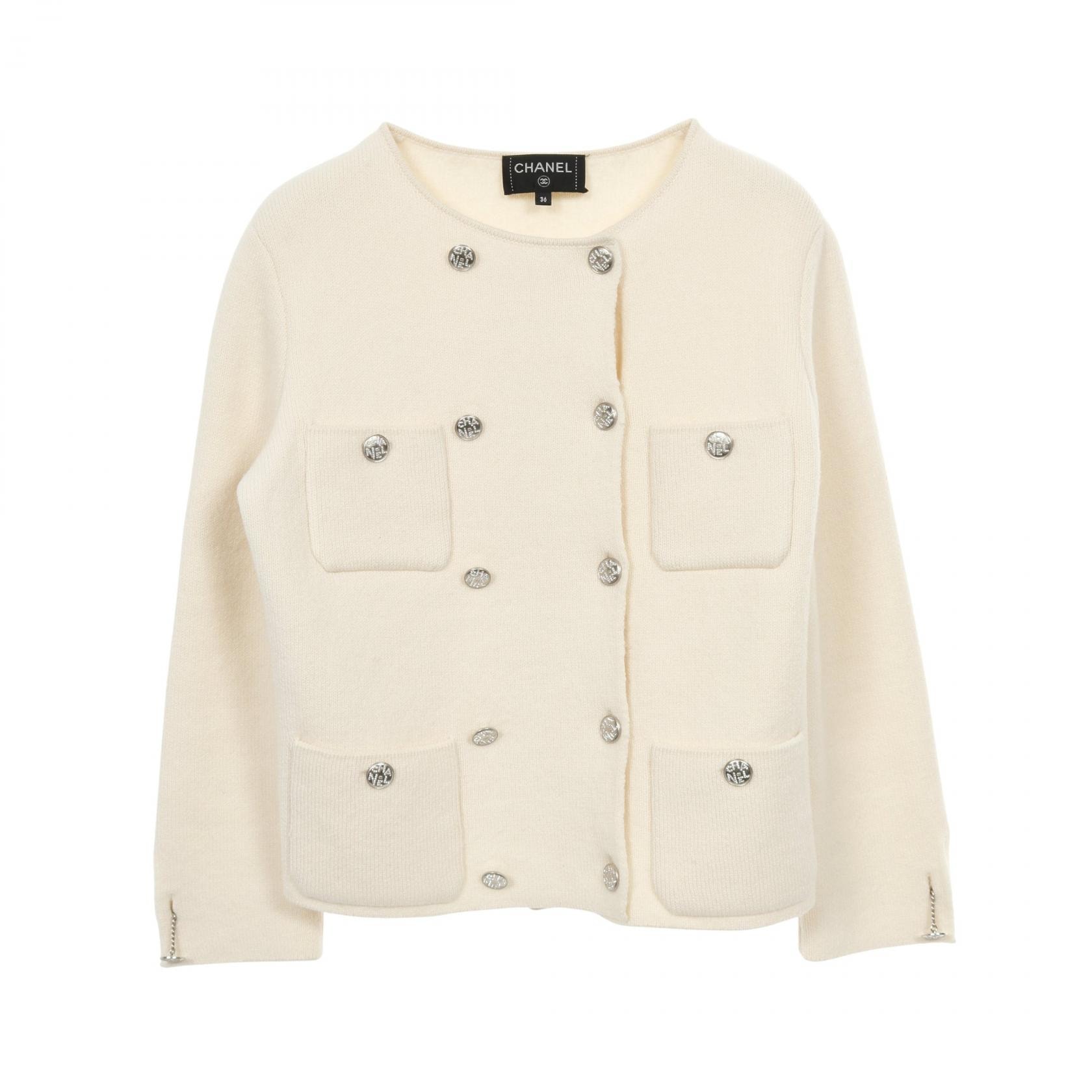 シャネル CHANEL ココマーク ラインストーンボタン ニットジャケット ノーカラージャケット 衣料品 アウター カシミヤ シルク レディース アイボリー系 P71364K10274 【中古】