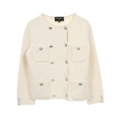 シャネル CHANEL ココマーク ラインストーンボタン ニットジャケット ノーカラージャケット 衣料品 アウター カシミヤ シルク レディース アイボリー系 P71364K10274 【中古】