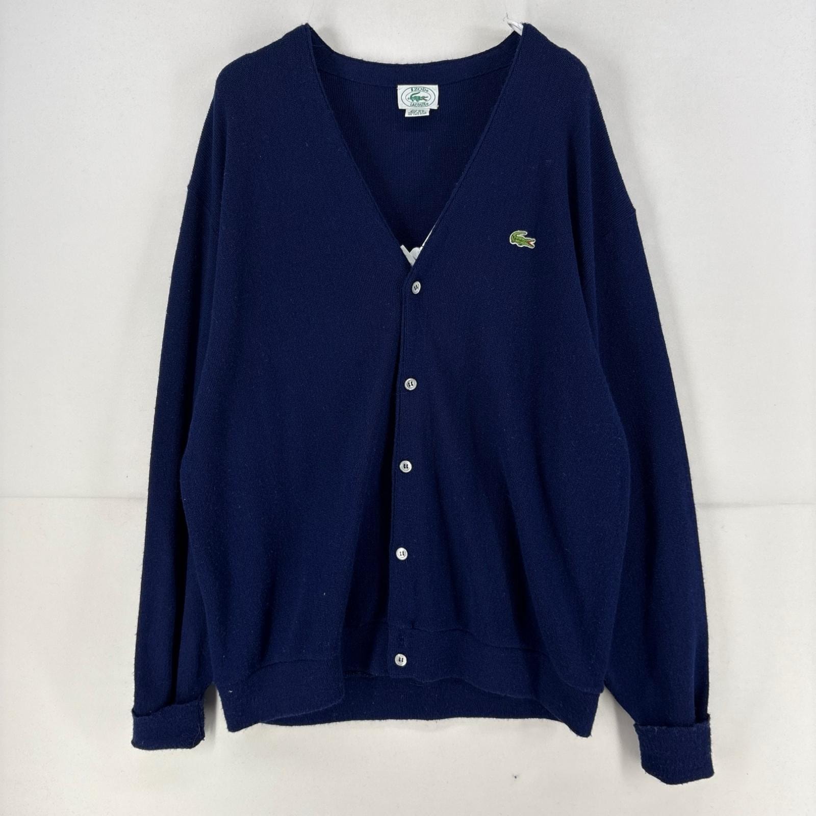 古着 80's/80年代 ラコステ LACOSTE USA製 ニット ワンポイント ロゴ カーディガン 薄手 アイゾット アクリル BIG 2X  ネイビー メンズ