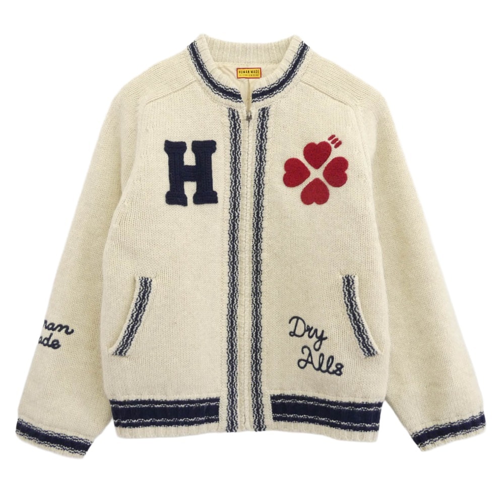 HUMAN MADE ヒューマンメイド ジャケット 25AW HM30CS020 ZIP-UP KNIT JACKET ロゴハート刺繍 ジップアップ ニット ジャケット 裏地キルティング オフホワイト系 L【中古】