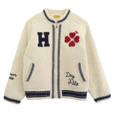 HUMAN MADE ヒューマンメイド ジャケット 25AW HM30CS020 ZIP-UP KNIT JACKET ロゴハート刺繍 ジップアップ ニット ジャケット 裏地キルティング オフホワイト系 L【中古】