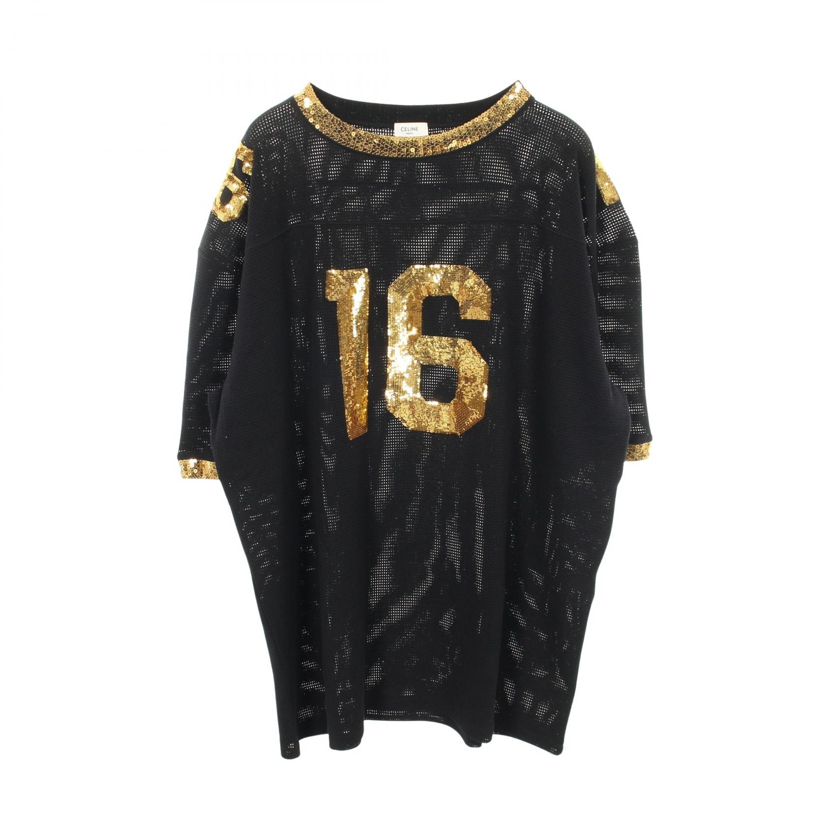 セリーヌ CELINE 16 エンブロイダリー 半袖Tシャツ 衣料品 トップス コットン メンズ ブラック系 / ゴールド系 2X18D818I 【中古】