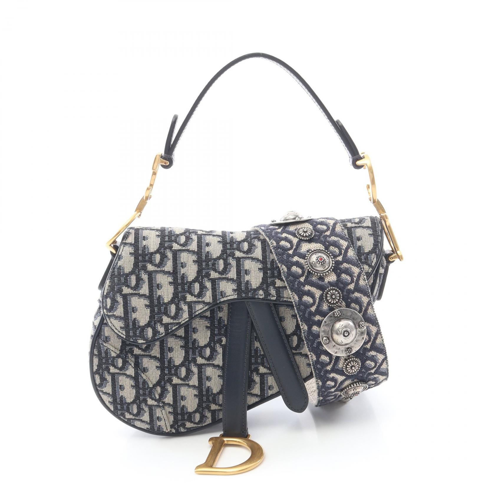 ディオール Dior サドルバッグ ミニ オブリークジャカード 2WAY ハンドバッグ バッグ キャンバス レザー レディース ベージュ系 / ネイビー系 【中古】