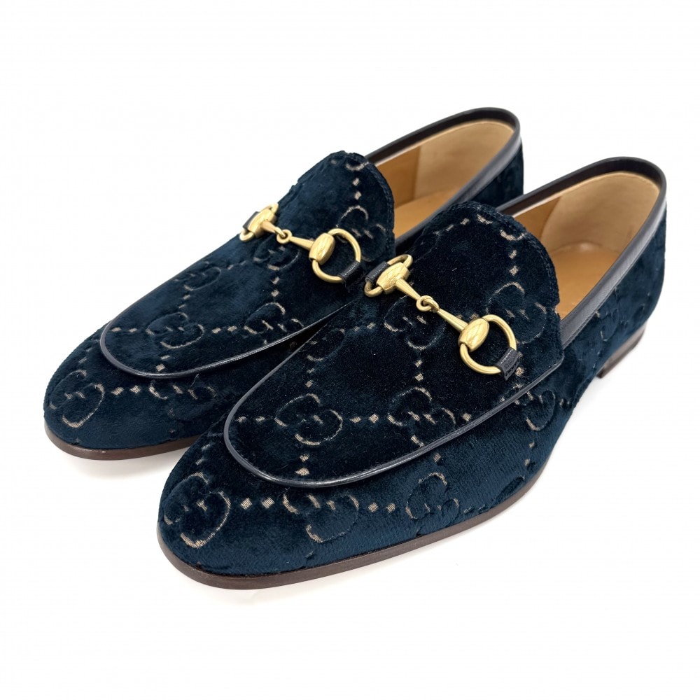 GUCCI グッチ ローファー ホースビット GGベルベット 6サイズ 約25cm 430088 ベロア ネイビー 紺 アンティークゴールド金具 メンズ【中古品】