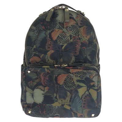 美品 VALENTINO ヴァレンティノ カムバタフライ ロックスタッズ グリーン ゴールド金具 ナイロン レザー/ リュックサック バックパック 1-0296124 【中古】