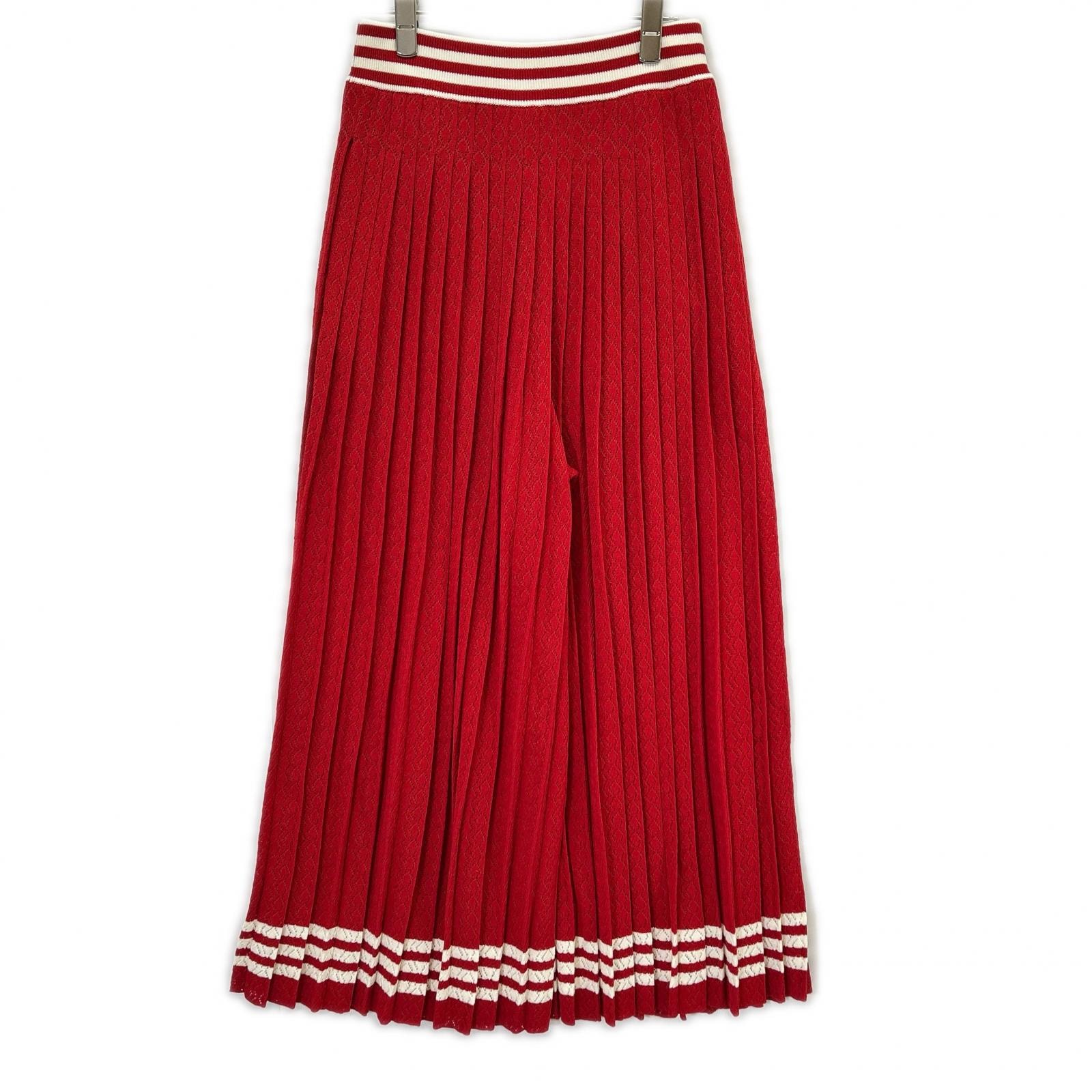 グッチ ×アディダス 705767 XKCF8 レッド×ホワイト シルク混 3ストライプ レースプリーツニットワイドパンツ M