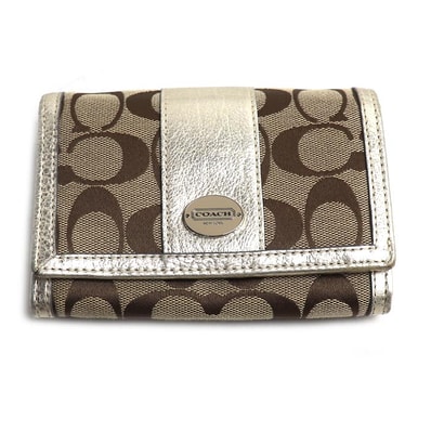 COACH コーチ レガシー シグネチャー コンパクトウォレット 二つ折り財布 ベージュ ゴールド 48465 レディース【中古】