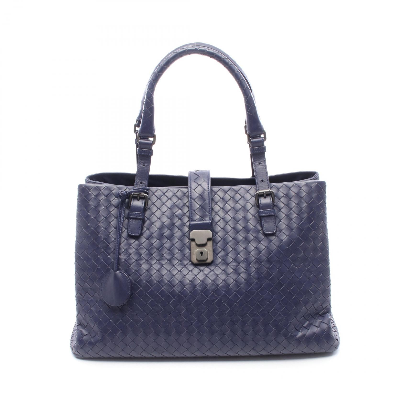 ボッテガヴェネタ BOTTEGA VENETA イントレチャート ローマバッグ ミディアム ハンドバッグ バッグ レザー レディース ネイビー系 【中古】