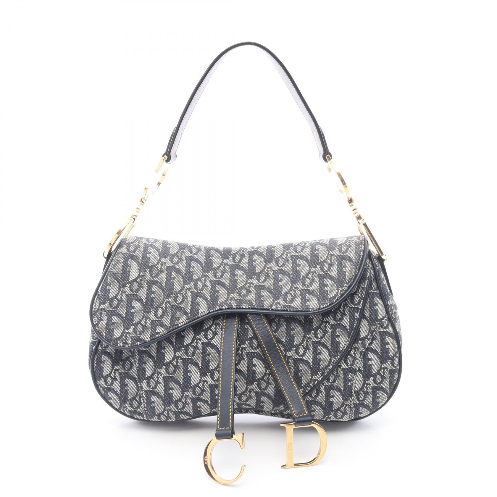 ディオール Dior ダブルサドルバッグ トロッター ハンドバッグ バッグ キャンバス レザー レディース アイボリー系 / ネイビー系 【中古】