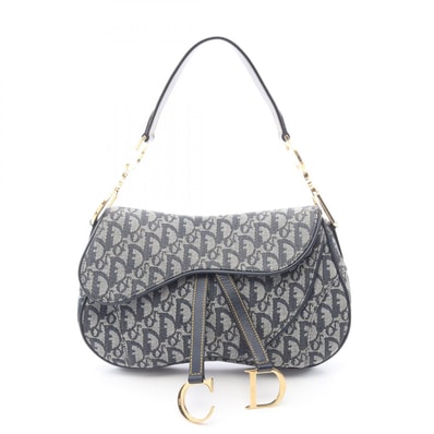 ディオール Dior ダブルサドルバッグ トロッター ハンドバッグ バッグ キャンバス レザー レディース アイボリー系 / ネイビー系 【中古】