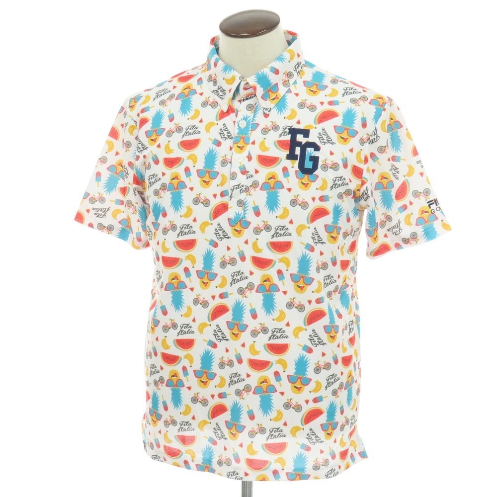 【中古】フィラ FILA GOLF ポリエステル 総柄プリント ボタンダウン 半袖ポロシャツ ホワイトxマルチカラー【サイズLL】【メンズ】