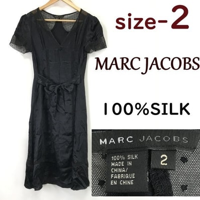 マークジェイコブス/MARC JACOBS★100%絹/シルク/レース切替/半袖ワンピース【2/レディースM程度/黒/black】ウエストリボン/dress◆cBH736
