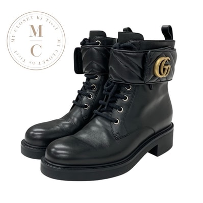 グッチ GUCCI ダブルG ブーツ ショートブーツ 靴 シューズ レザー ブラック 黒 ゴールド キルティング GGマーモント