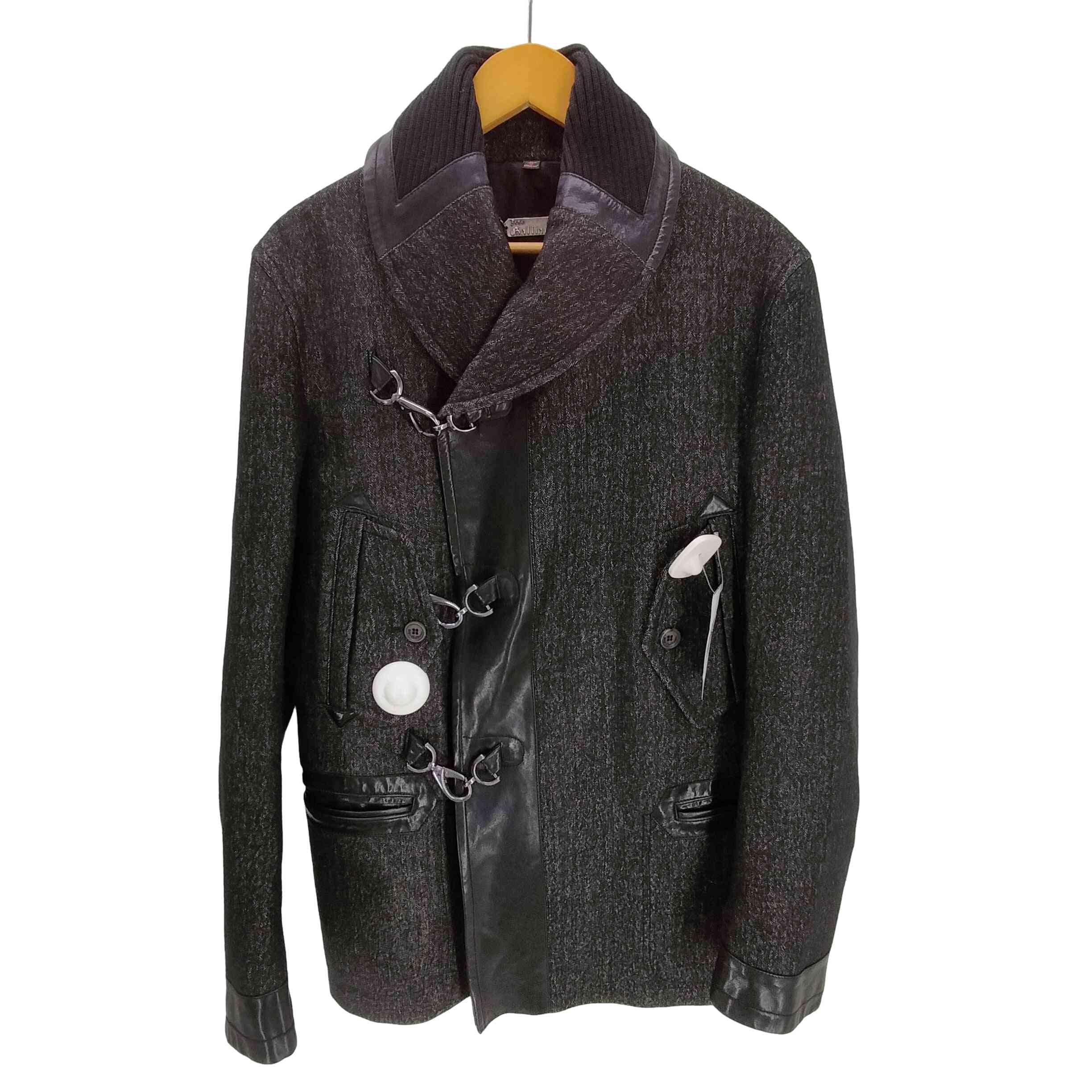 VIRGIN WOOL バージンウール ヘリンボーン レザーニット 切り替え フックデザイン ショールカラー ジャケット【1141236115539】