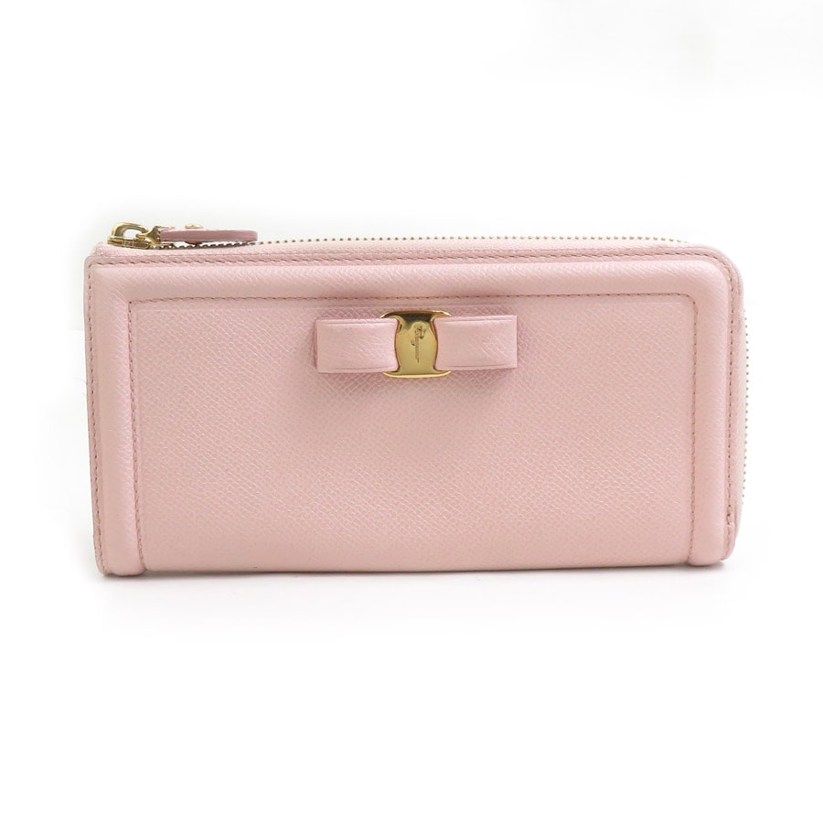 サルヴァトーレフェラガモ Salvatore Ferragamo ラウンドファスナー長財布 ヴァラリボン レザー ピンク レディース【中古】 h31434a