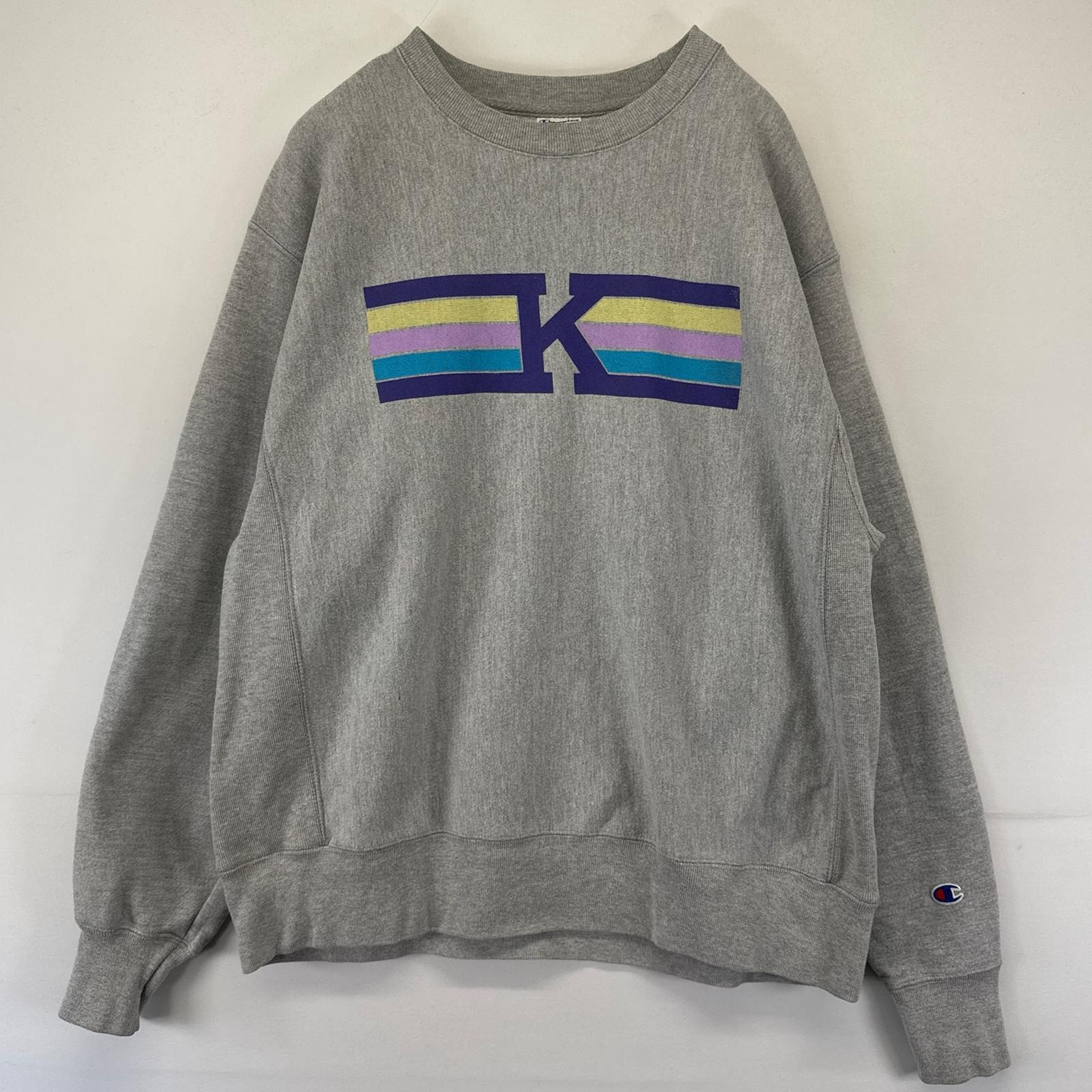 古着 チャンピオン Champion スウェット リバースウィーブ ロゴプリント トレーナー クルーネック L  グレー系 メンズ