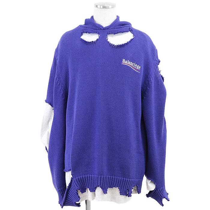 【美品】 バレンシアガ 2021年製 ニット デストロイ ロゴ 刺繍 エンブロイダリー ドッキング レイヤード ロングスリーブTシャツ 2021年製 パーカー メンズ ブルー M BALENCIAGA