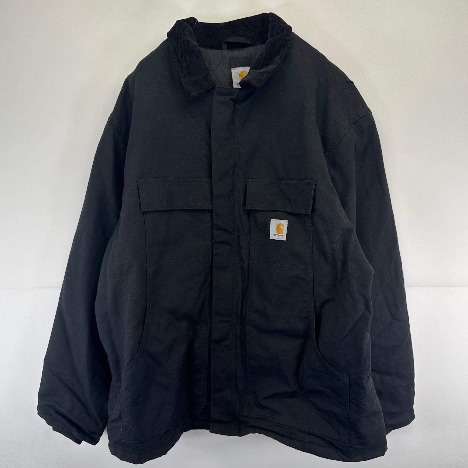 古着 カーハート Carhartt ダック ジャケット フルジップ ワンポイントロゴ 中綿 大きいサイズ ワーク 2XL  ブラック系 メンズ