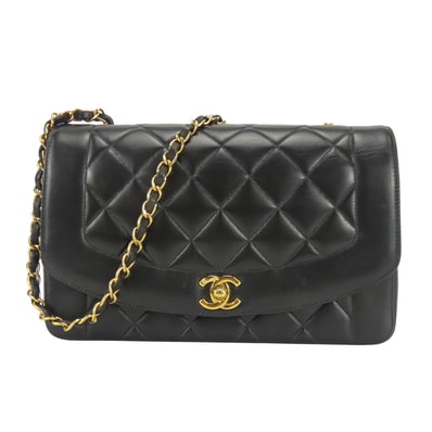 【中古】 シャネル ショルダーバッグ ダイアナ ラムスキン ブラック ゴールド金具 斜め掛け 2番台 ココマーク チェーン レディース 女性 CHANEL