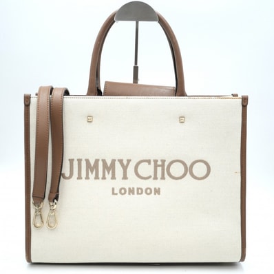 JIMMY CHOO(ジミーチュウ)ヴァレンヌ アヴェニュー トートバッグ 2WAY ショルダーバッグ キャンバス レザー アイボリー ブラウン ロゴ レディース 【中古】