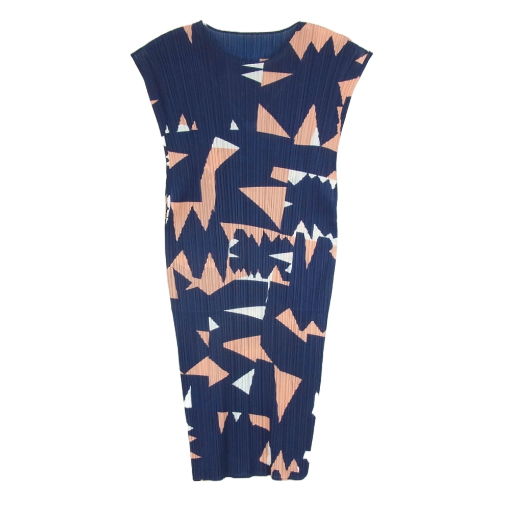 PLEATS PLEASE プリーツプリーズ イッセイミヤケ ワンピース PP41JH725 プリーツ加工 LUCID PINK SALT フレンチスリーブ 総柄 ロング ワンピース ネイビー系 3【中古】