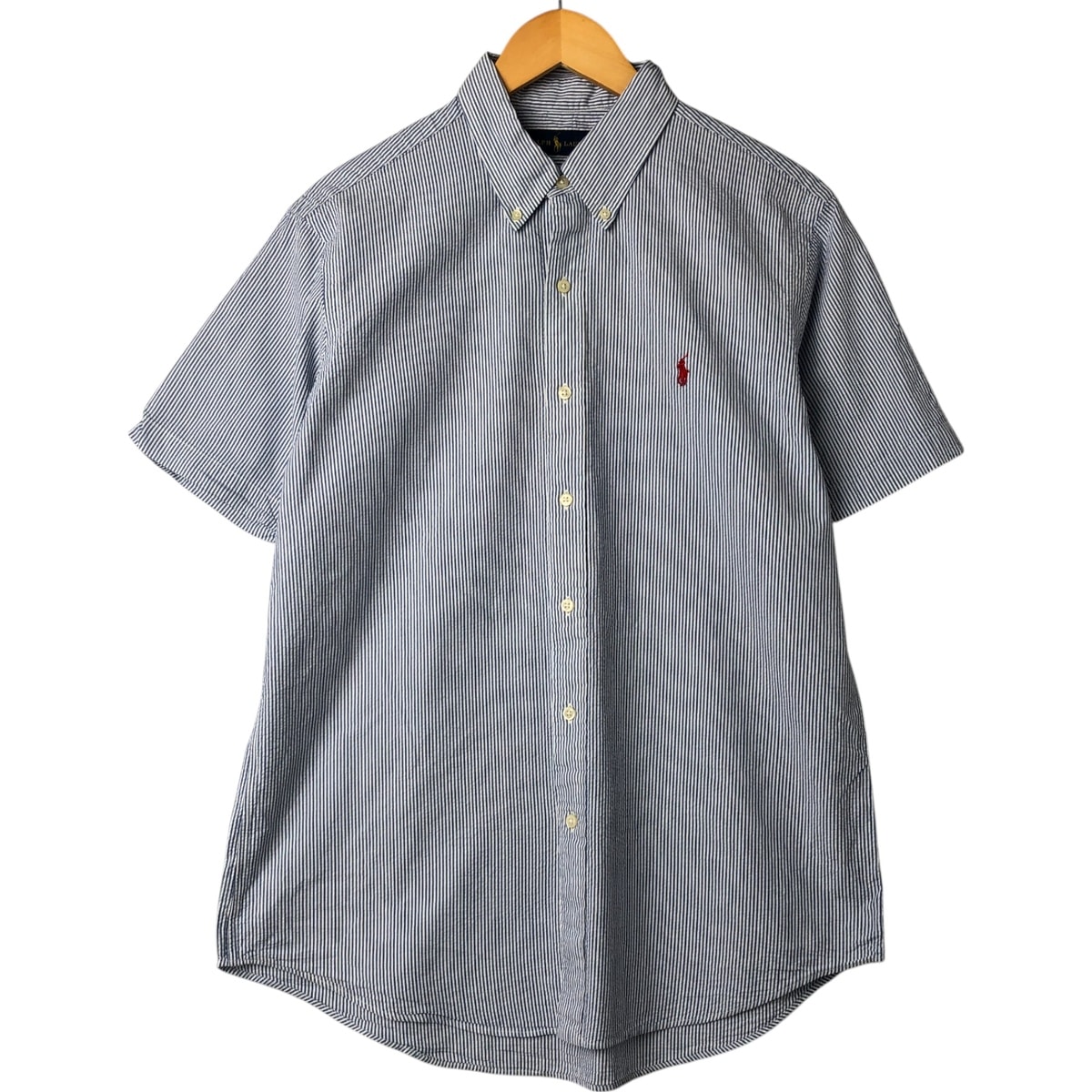 古着 ラルフローレン Ralph Lauren シアサッカー 半袖 ボタンダウン ストライプシャツ メンズL相当/eaa544203