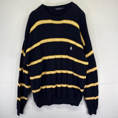 古着 90's/90年代 ノーティカ NAUTICA ニット 小文字タグ ワンポイント 大きいサイズ 2XL ネイビー系 ボーダー メンズ