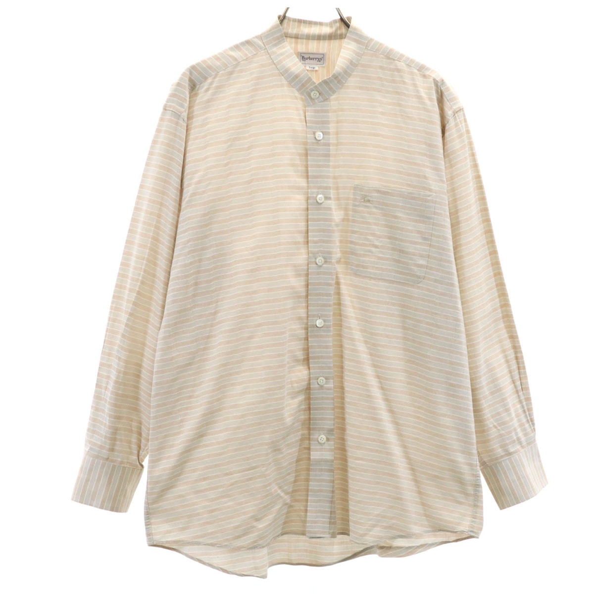 Burberrys バーバリーズ 90s リネンブレンド オールド ボーダー柄 長袖 バンドカラーシャツ L ベージュ