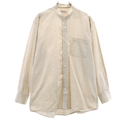 Burberrys バーバリーズ 90s リネンブレンド オールド ボーダー柄 長袖 バンドカラーシャツ L ベージュ