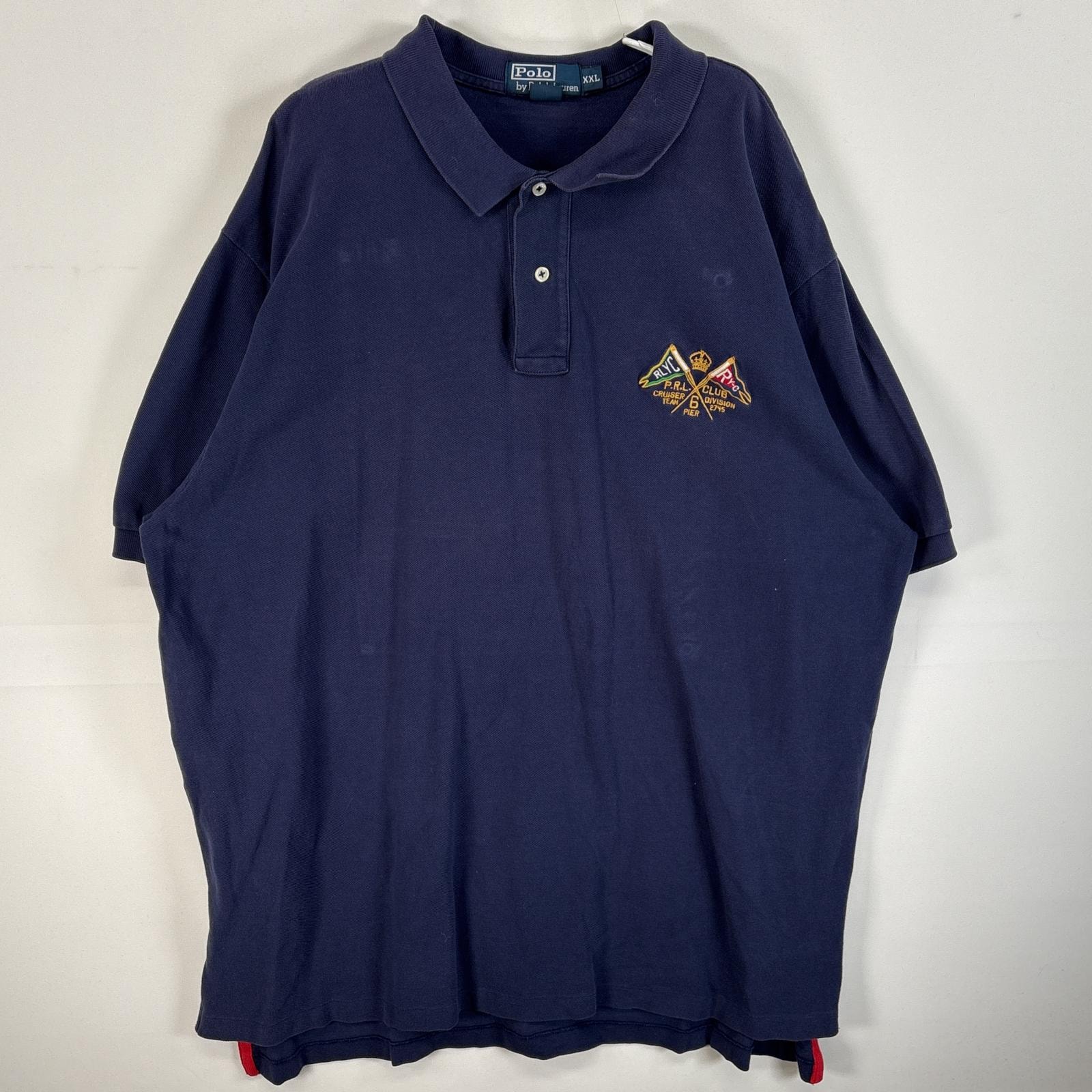 古着 90's/90年代 ポロバイラルフローレン Polo by Ralph Lauren 鹿の子 半袖 ポロシャツ 両面 デザイン ロゴ 刺繍 大きいサイズ 14041  ネイビー 無地 メンズ