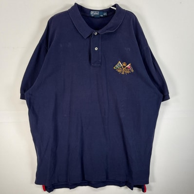 古着 90's/90年代 ポロバイラルフローレン Polo by Ralph Lauren 鹿の子 半袖 ポロシャツ 両面 デザイン ロゴ 刺繍 大きいサイズ 14041 ネイビー 無地 メンズ