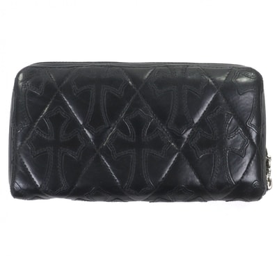 Chrome Hearts REC F Zip Cemetary Cross Quilted Destroy Leather Wallet "Black"