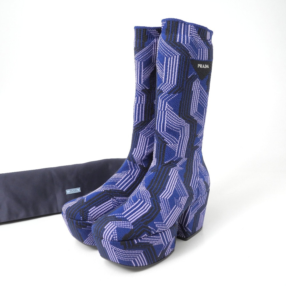 ■美品■PRADA プラダ ブーツ サイズ37 ジャカードニット ソックスブーツ プラットフォーム 厚底 ブランド古着【中古】20260820/RB0439