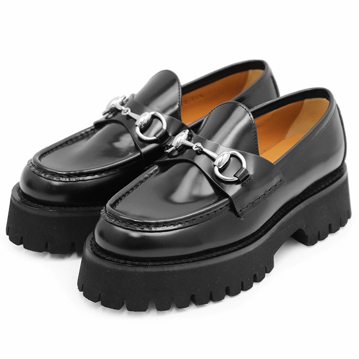 【新品同様】GUCCI グッチ レザーローファー サイズ 34 1/2 レディース ホースビット チャンキーソール 厚底 シューズ 靴 箱付属 ブラック 黒 イタリア製