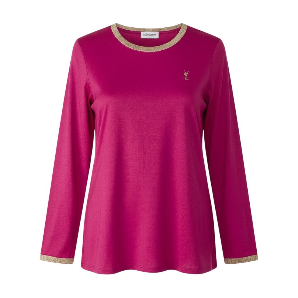 YVES SAINT LAURENT イヴ サンローラン YSLロゴ カサンドラ ピンク コットン 長袖Tシャツ A3-00434 【中古】